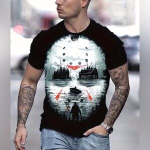 Mens Halloween Horror Scary Crystal Lake Camp Movie Killer Short Sleeve Tee